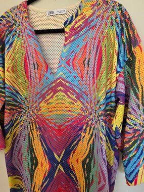 Zara Multicolored Printed Open Knit Kaftan Tunic Midi Dress S